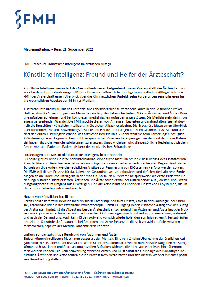 Medienmitteilung FMH "Künstliche Intelligenz im ärztlichen Alltag" vom 21.09.2022